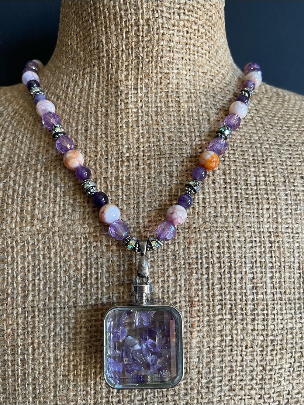 Handmade Purple amethyst Pendant beaded Necklace.
